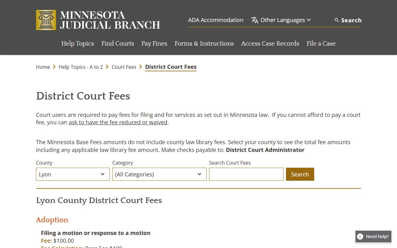 Lyon County traffic court records and court fees