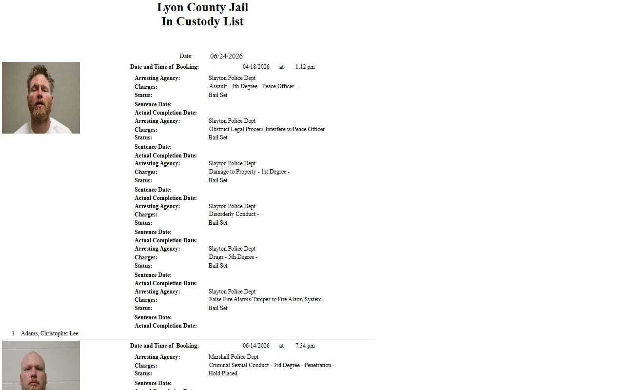 Lyon County warrant records current jail custody list